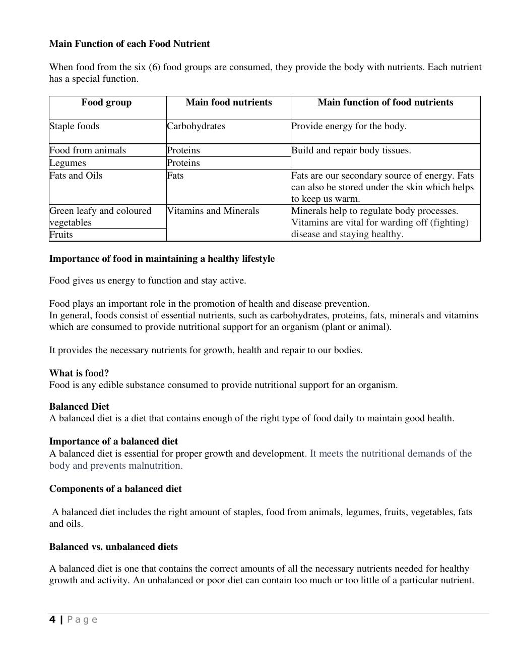 Food groups and nutrient functions (Science Notes p.5)